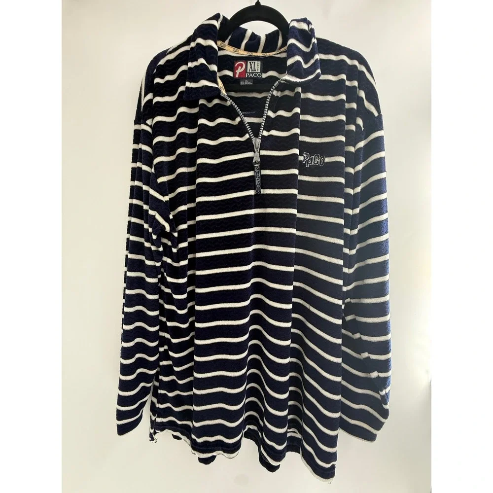 Paco Sport Vintage Quarter Zip Pullover Navy Blue White Striped Fleece XL
